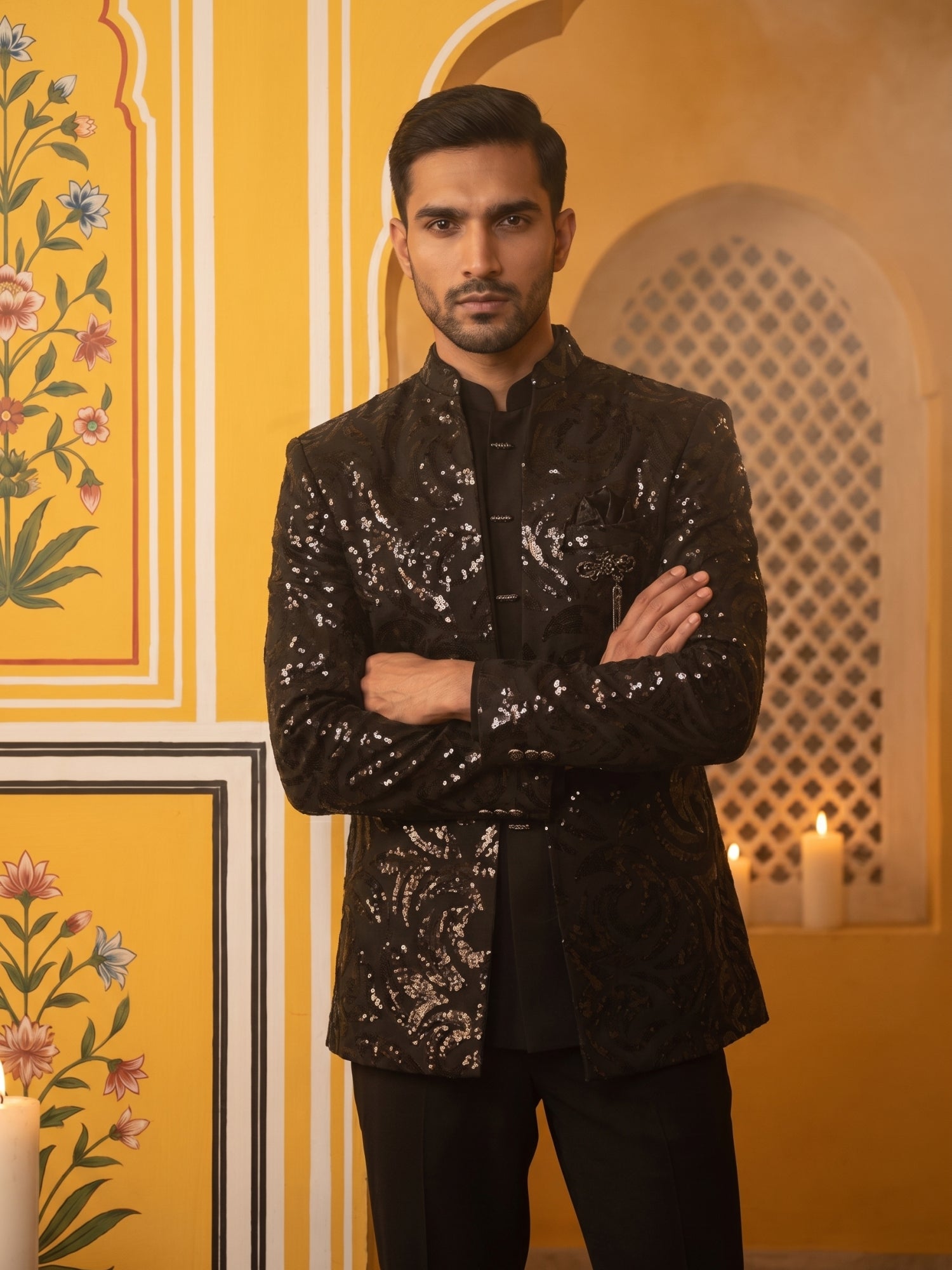 DesiQlo Men Embroidered Indo Western Set - Black - 50JIND_197Black_S