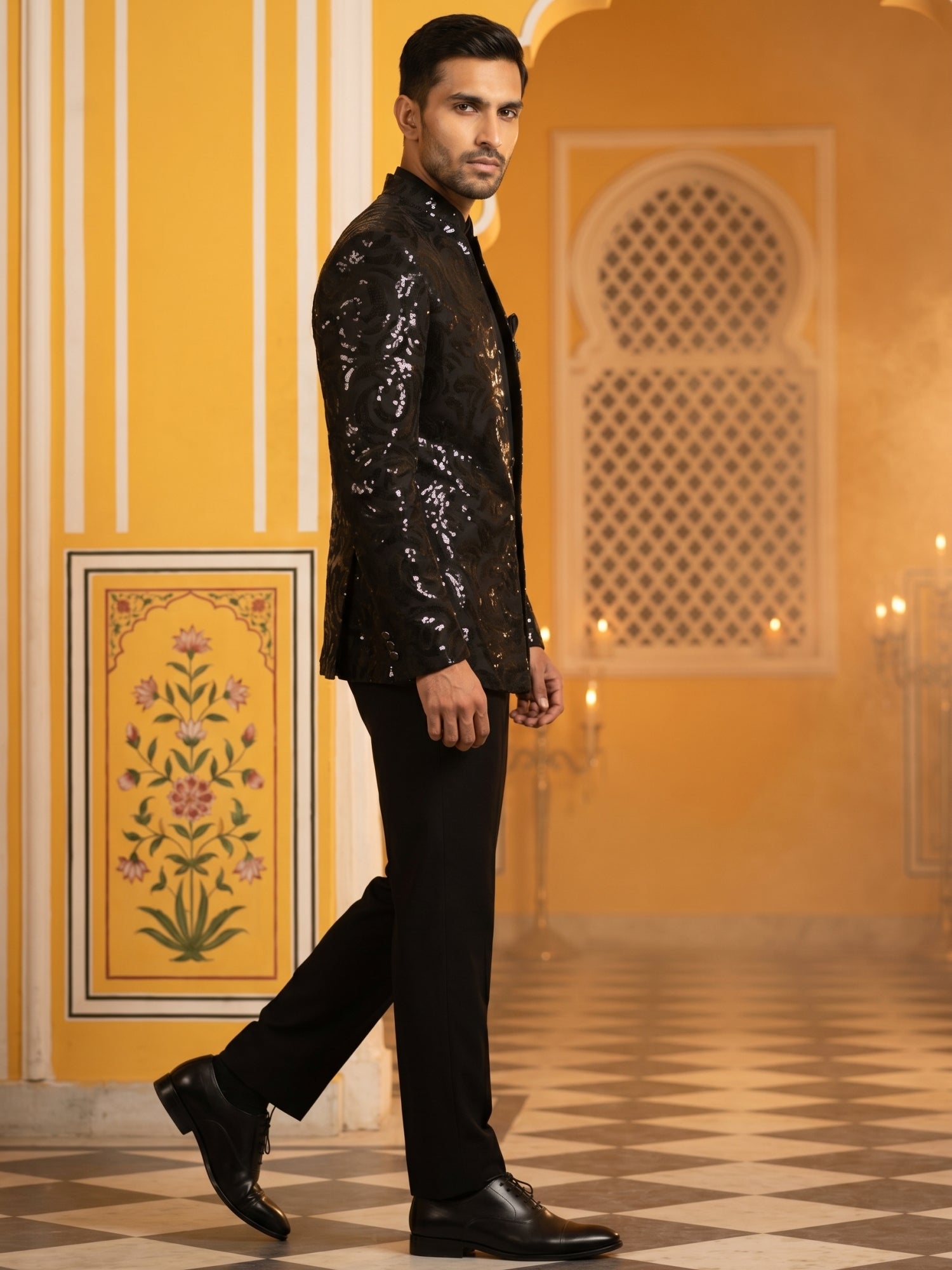 DesiQlo Men Embroidered Indo Western Set - Black - 50JIND_197Black_S