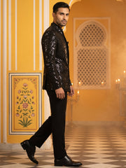 Men Black Sequinned Indo-Western Set ( 50JIND 197Black )