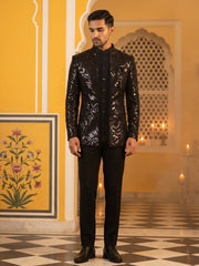 Men Black Sequinned Indo-Western Set ( 50JIND 197Black )