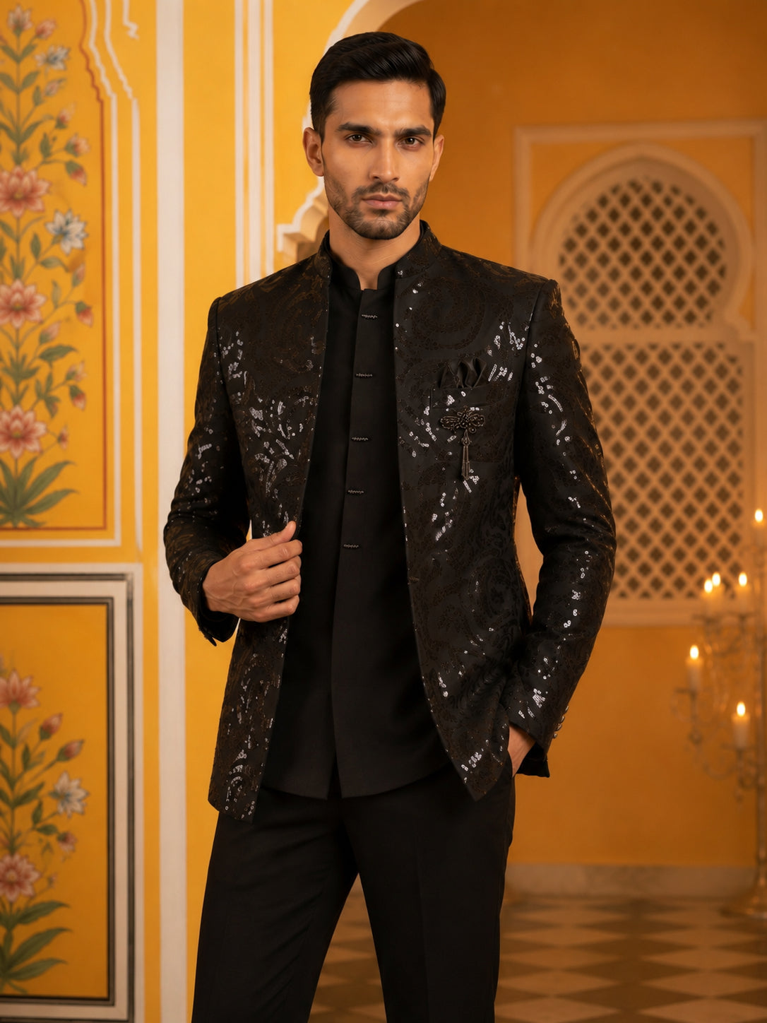 DesiQlo Men Embroidered Indo Western Set - Black - 50JIND_197Black_S