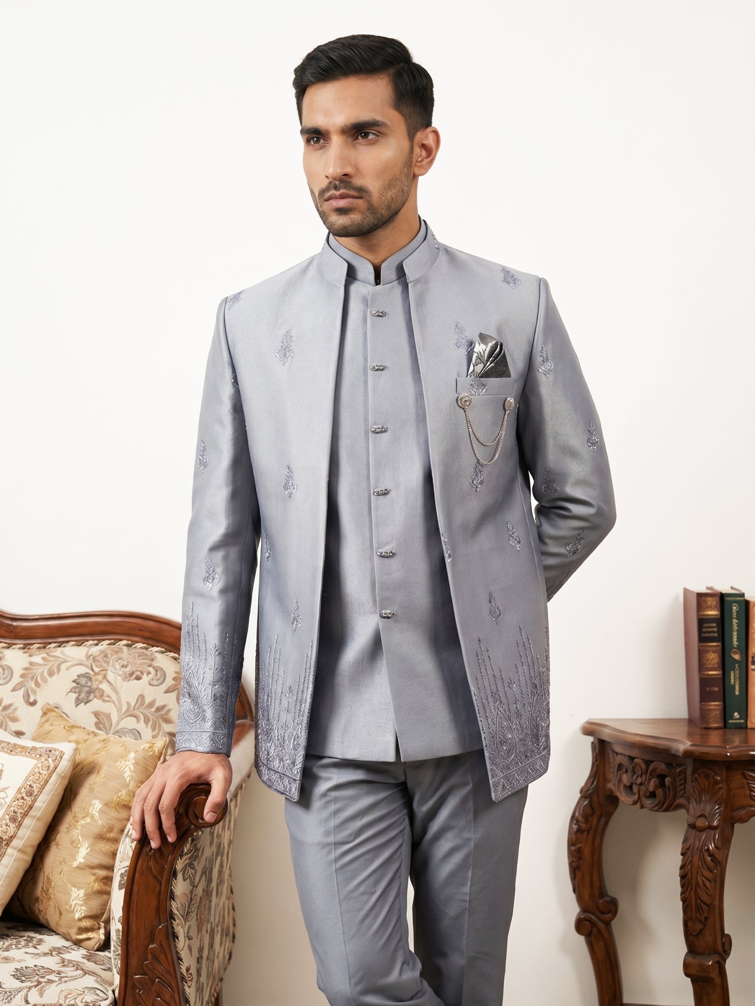 DesiQlo Men Embroidered Indo Western Set - Silver - 50JIND_198Silver_S