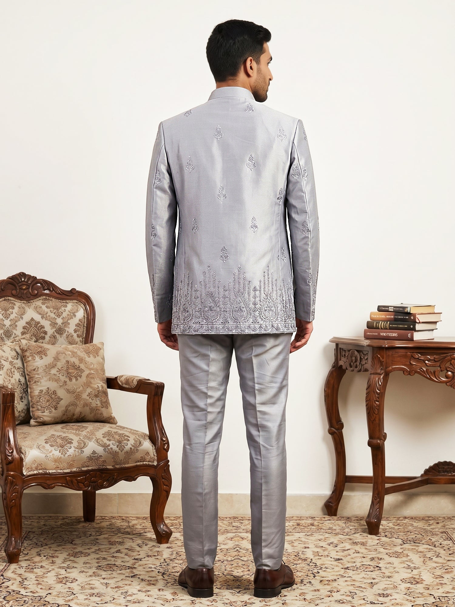 DesiQlo Men Embroidered Indo Western Set - Silver - 50JIND_198Silver_S