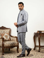 Men Embroidered Silk Blend Indo-Western Set ( 50JIND 198Silver )