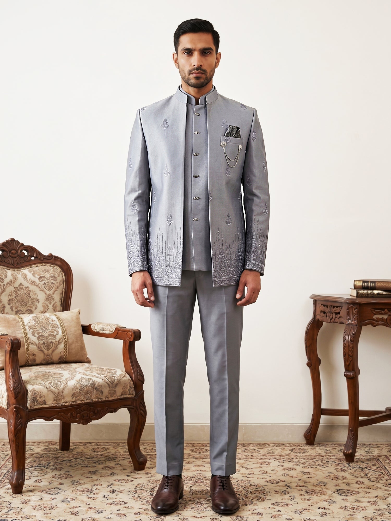 DesiQlo Men Embroidered Indo Western Set - Silver - 50JIND_198Silver_S