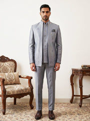 Men Embroidered Silk Blend Indo-Western Set ( 50JIND 198Silver )