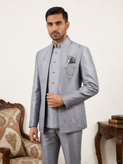 Men Embroidered Silk Blend Indo-Western Set ( 50JIND 198Silver )