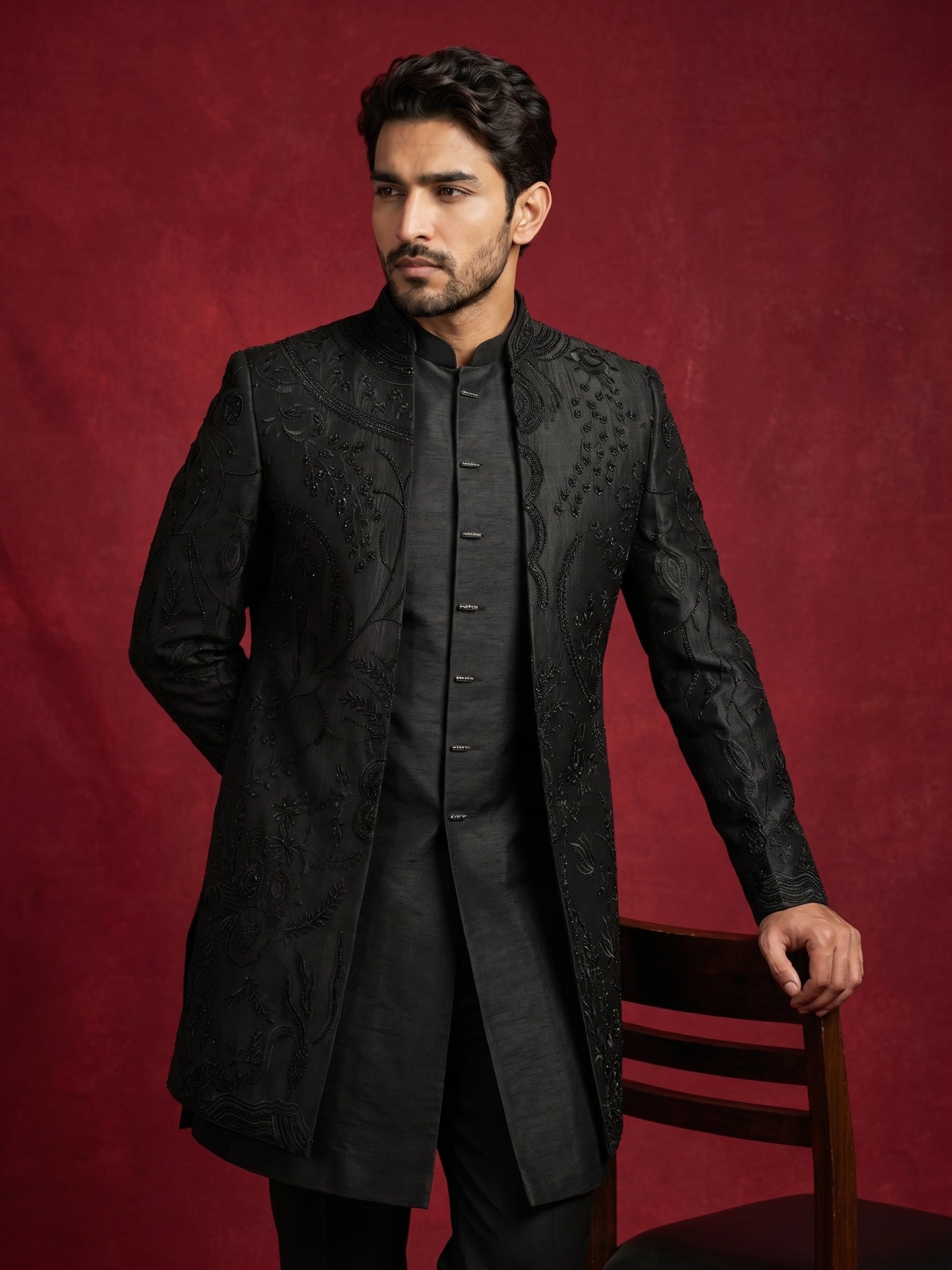 DesiQlo Men Embroidered Indo Western Set - Black - 50JIND_199Black_S