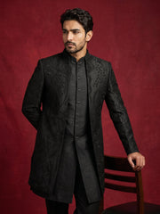 Cotton Blend Embroidered Indo-Western Set for Men ( 50JIND 199Black )