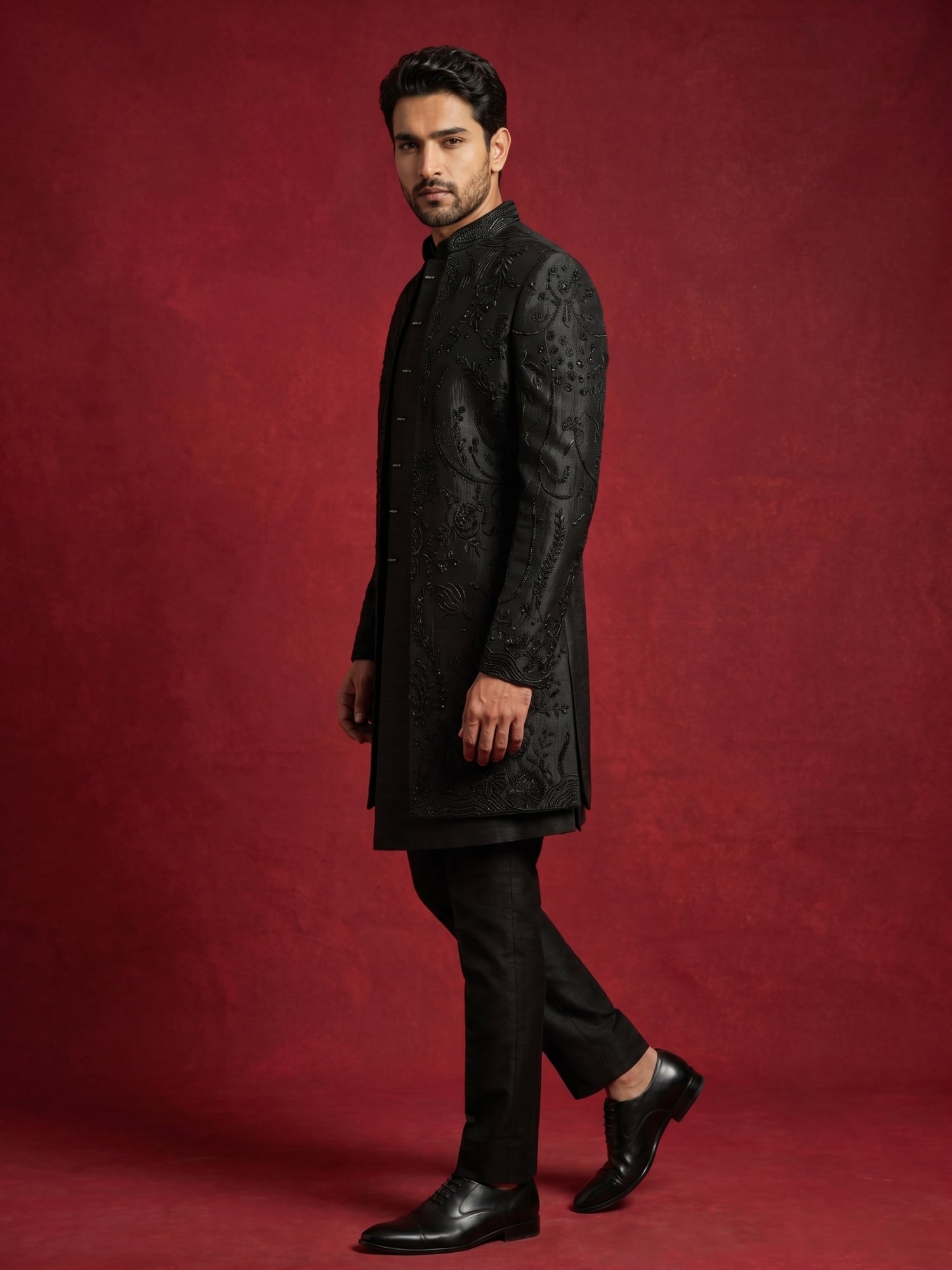 DesiQlo Men Embroidered Indo Western Set - Black - 50JIND_199Black_S