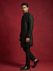 Cotton Blend Embroidered Indo-Western Set for Men ( 50JIND 199Black )