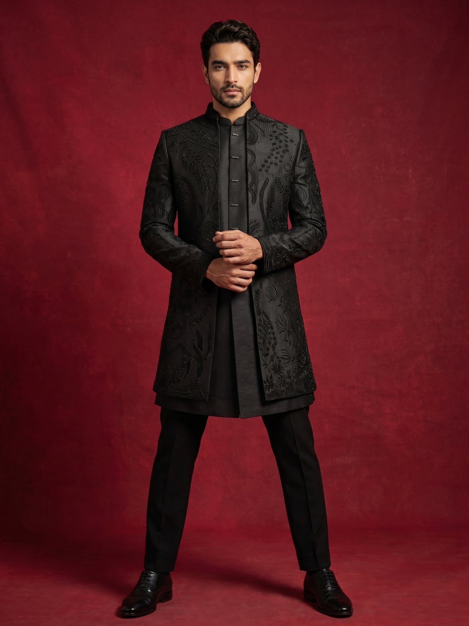 DesiQlo Men Embroidered Indo Western Set - Black - 50JIND_199Black_S