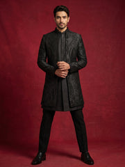 Cotton Blend Embroidered Indo-Western Set for Men ( 50JIND 199Black )