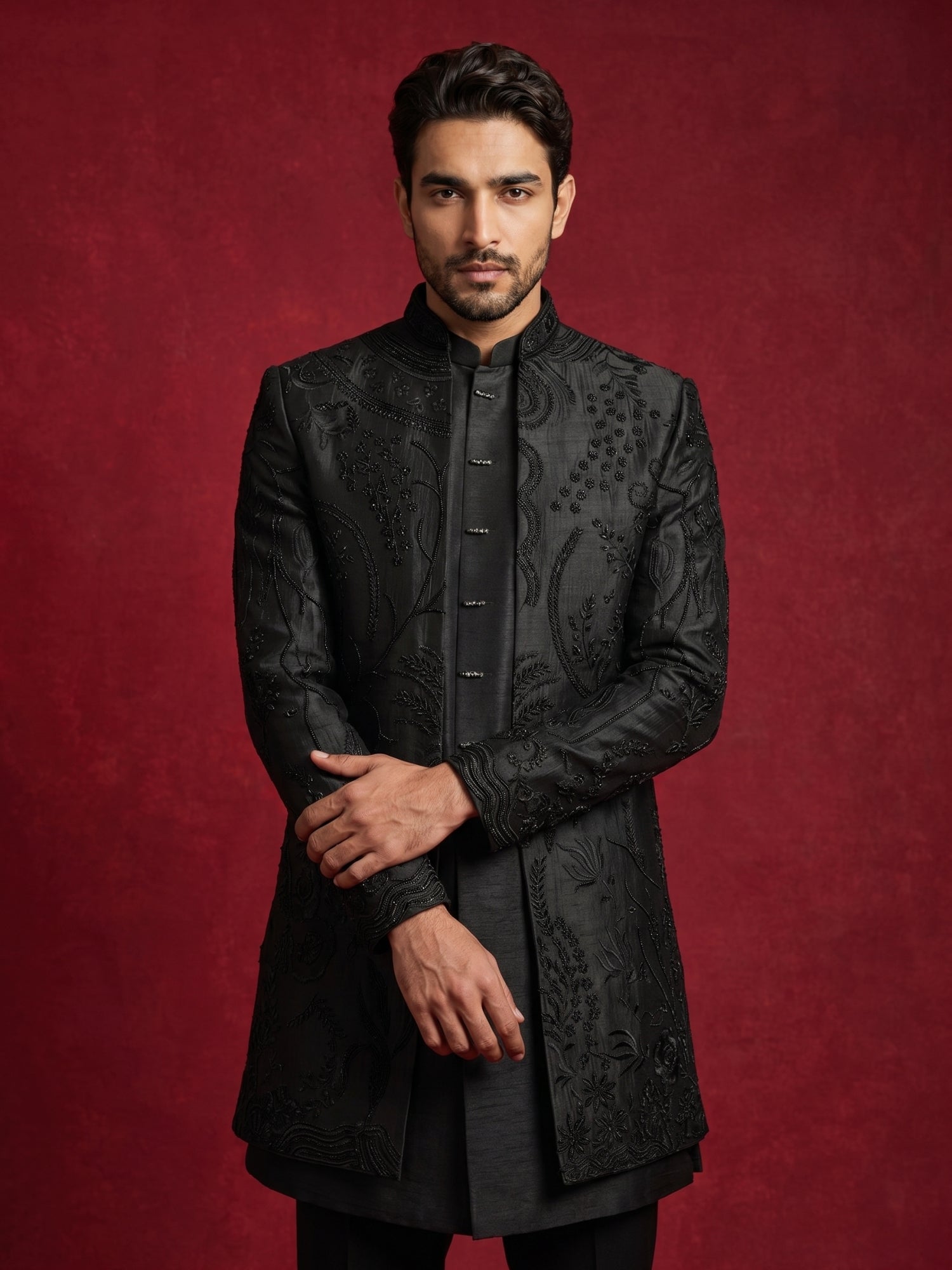 DesiQlo Men Embroidered Indo Western Set - Black - 50JIND_199Black_S