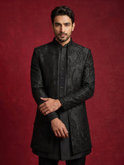 Cotton Blend Embroidered Indo-Western Set for Men ( 50JIND 199Black )