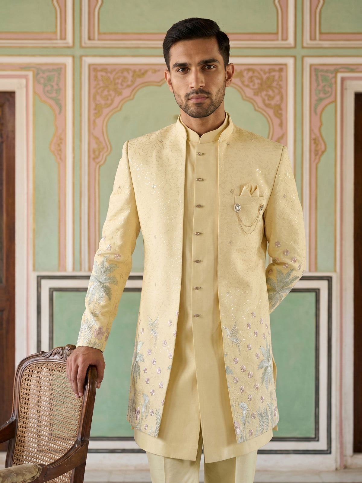 Silk Blend Embroidered Indo-Western Set for Men ( 50JIND 200Lemon )