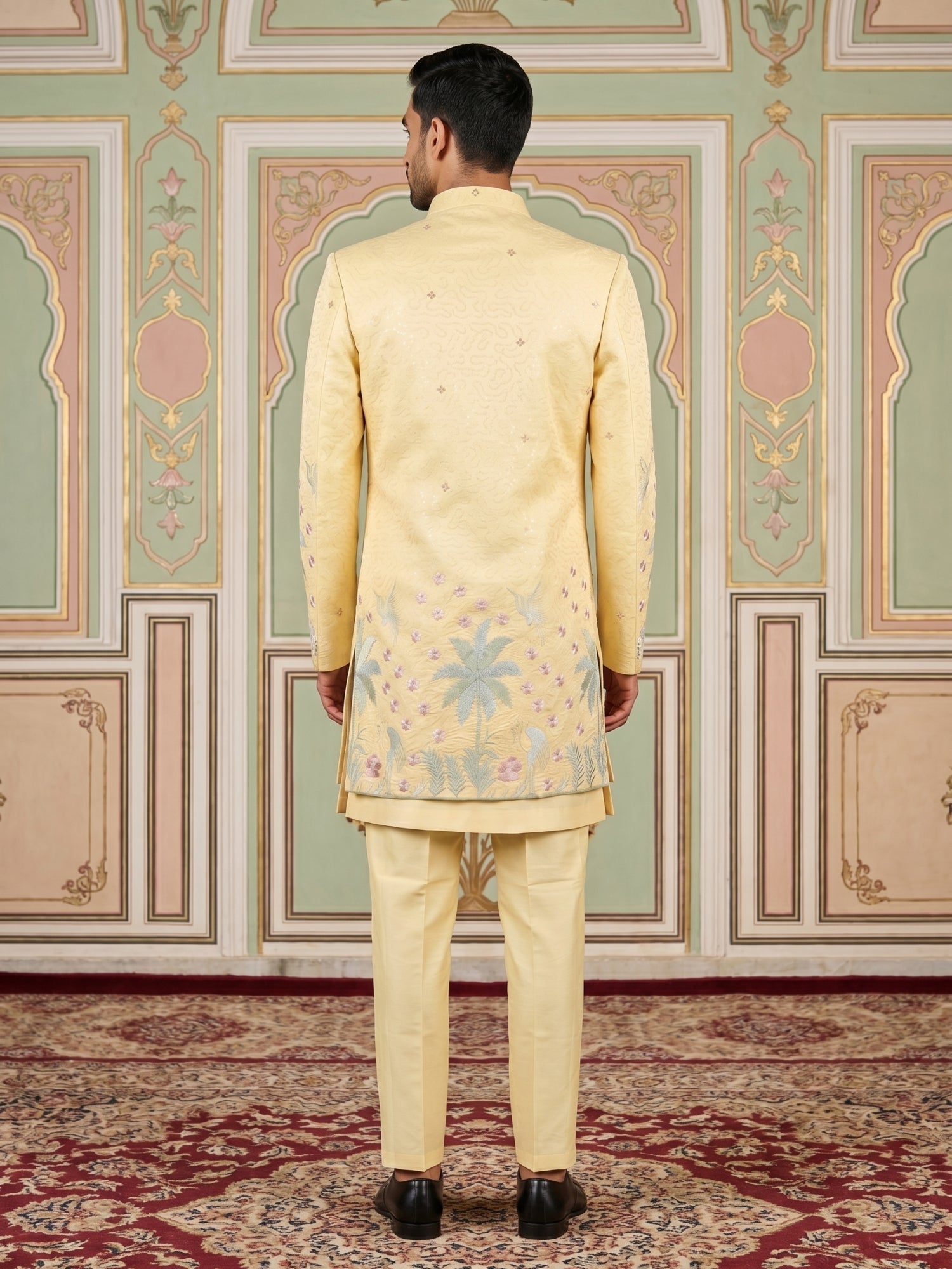 DesiQlo Men Embroidered Indo Western Set - Yellow