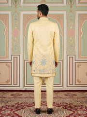 Silk Blend Embroidered Indo-Western Set for Men ( 50JIND 200Lemon )
