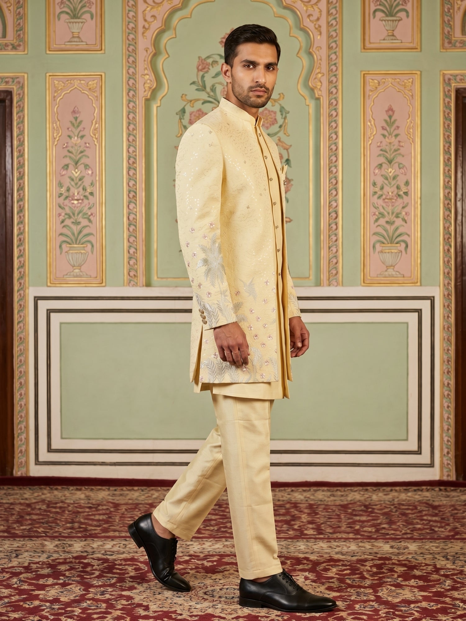 DesiQlo Men Embroidered Indo Western Set - Yellow