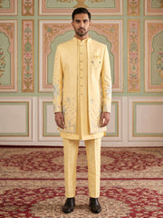 Silk Blend Embroidered Indo-Western Set for Men ( 50JIND 200Lemon )