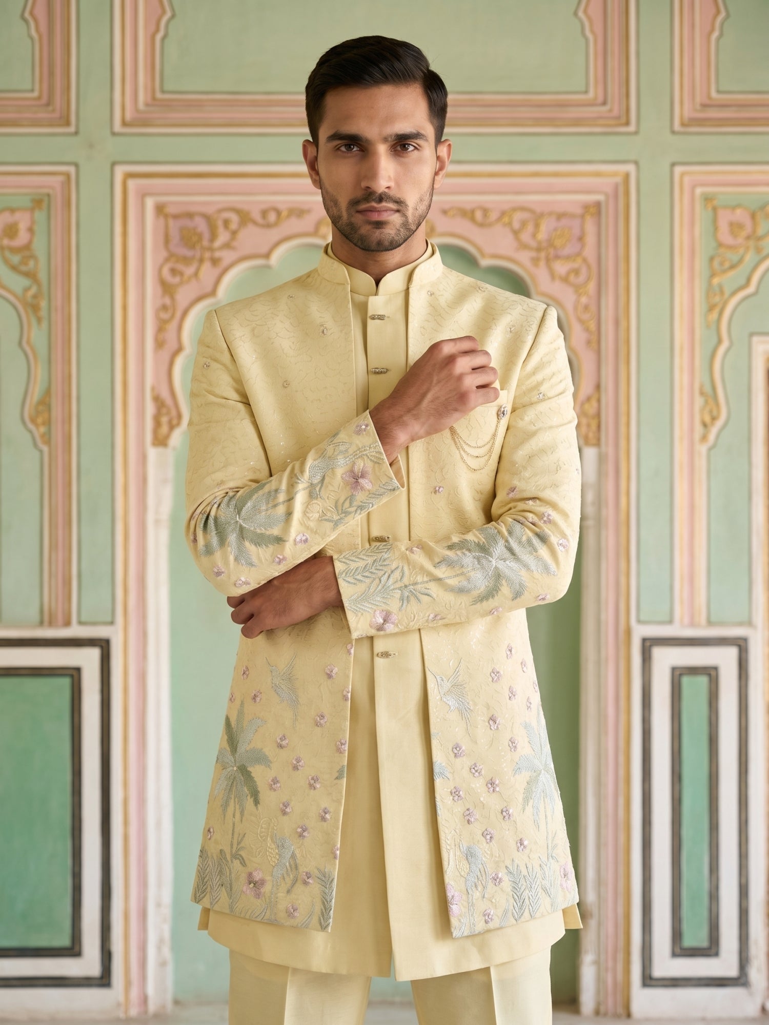 DesiQlo Men Embroidered Indo Western Set - Yellow