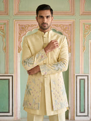 Silk Blend Embroidered Indo-Western Set for Men ( 50JIND 200Lemon )