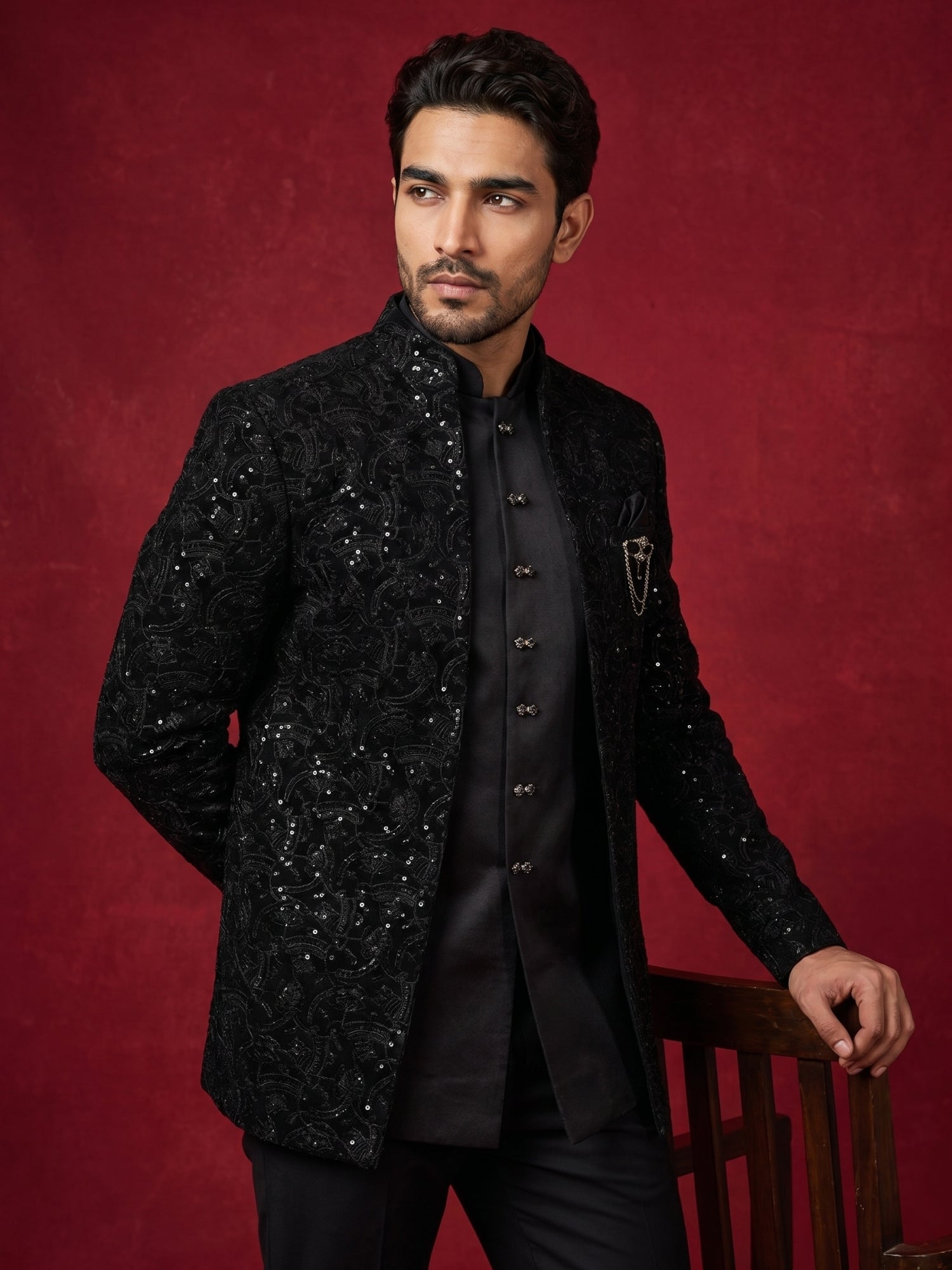 DesiQlo Men Embroidered Indo Western Set - Black - 50JIND_201Black_S
