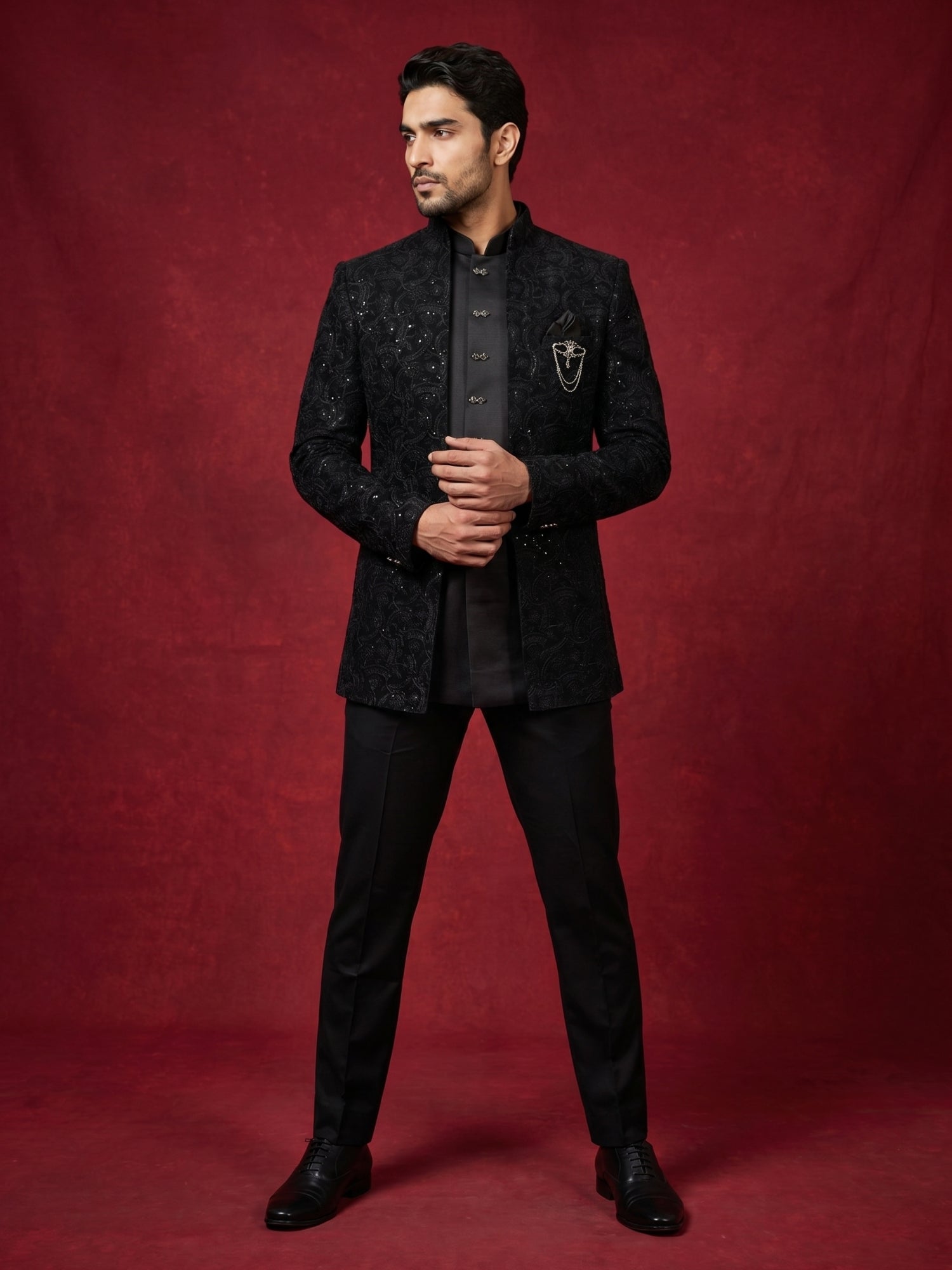 DesiQlo Men Embroidered Indo Western Set - Black - 50JIND_201Black_S
