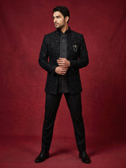 Men’s Velvet Embroidered Indo-Western Set ( 50JIND 201Black )