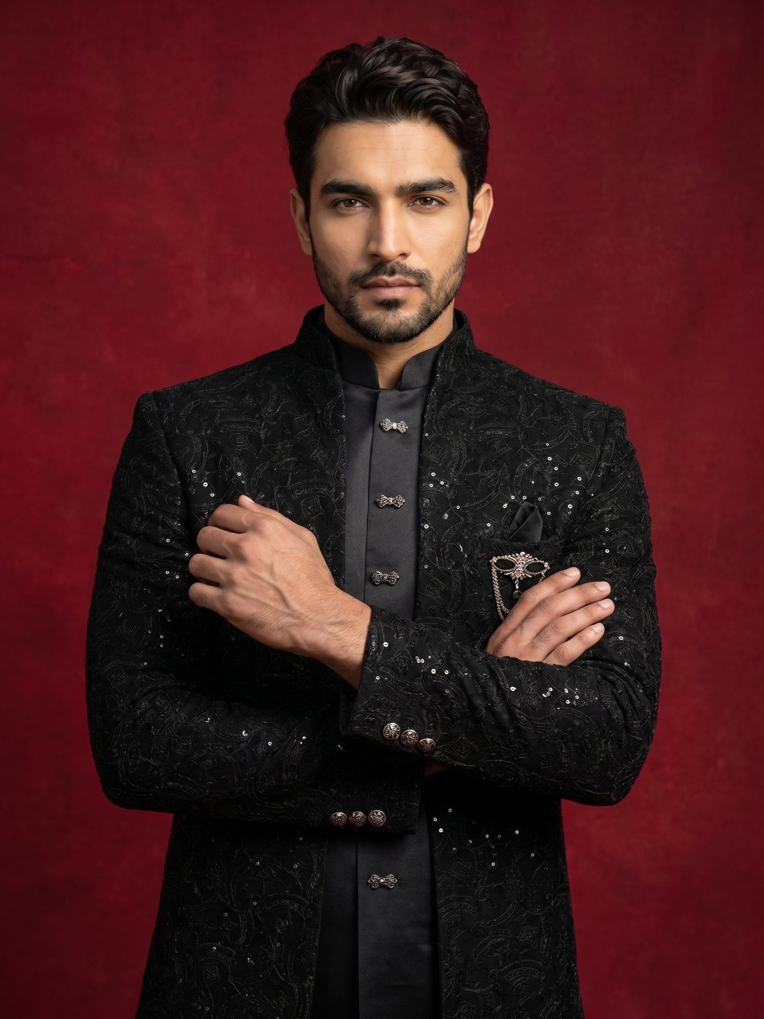 DesiQlo Men Embroidered Indo Western Set - Black - 50JIND_201Black_S