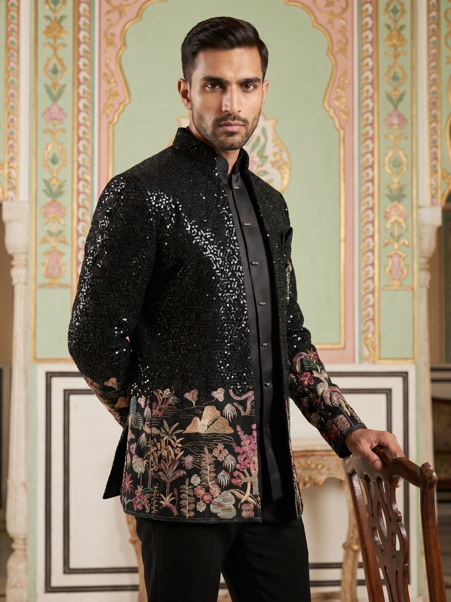 DesiQlo Men Embroidered Indo Western Set - Black - 50JIND_203Black_S