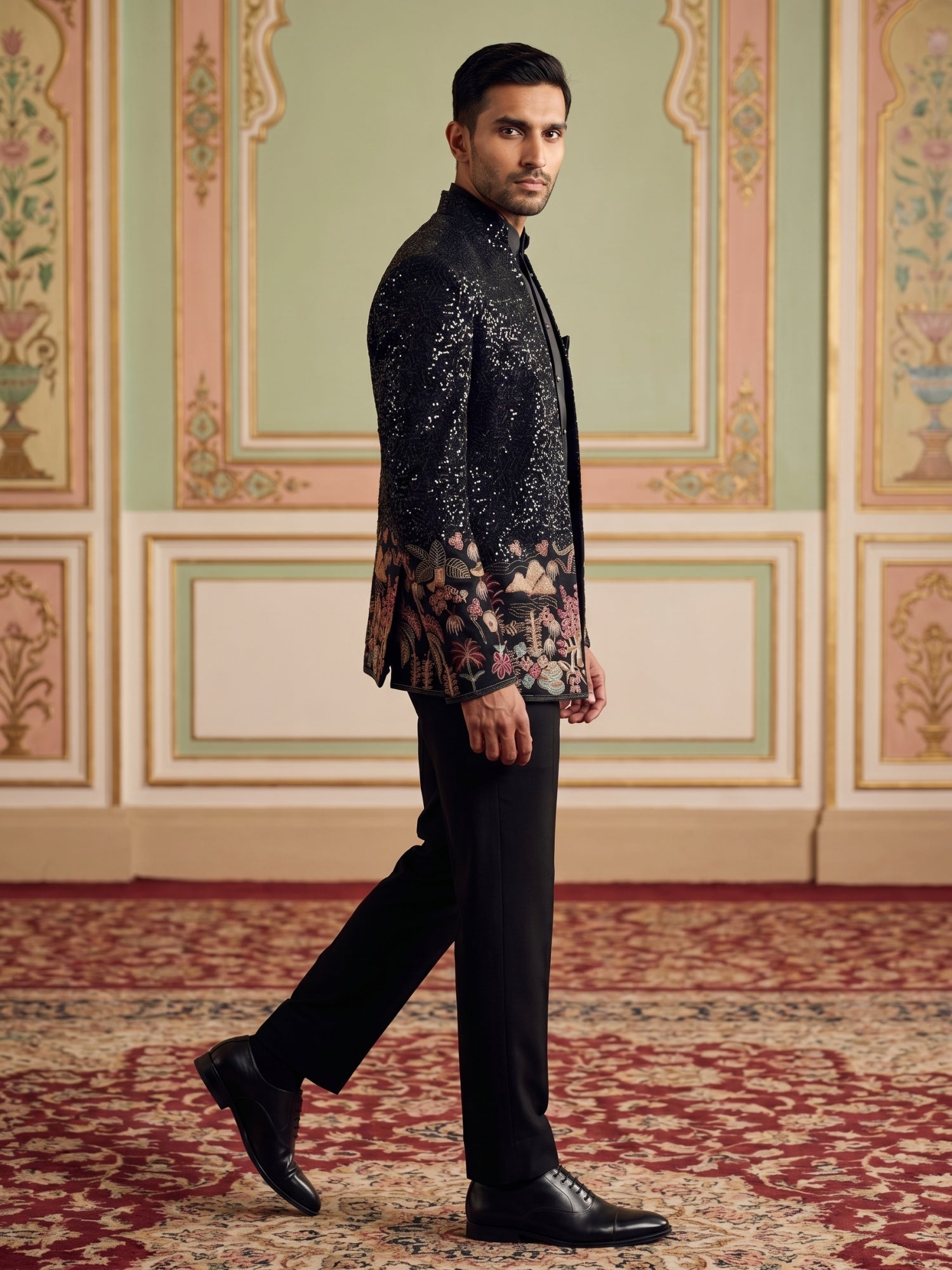 DesiQlo Men Embroidered Indo Western Set - Black - 50JIND_203Black_S