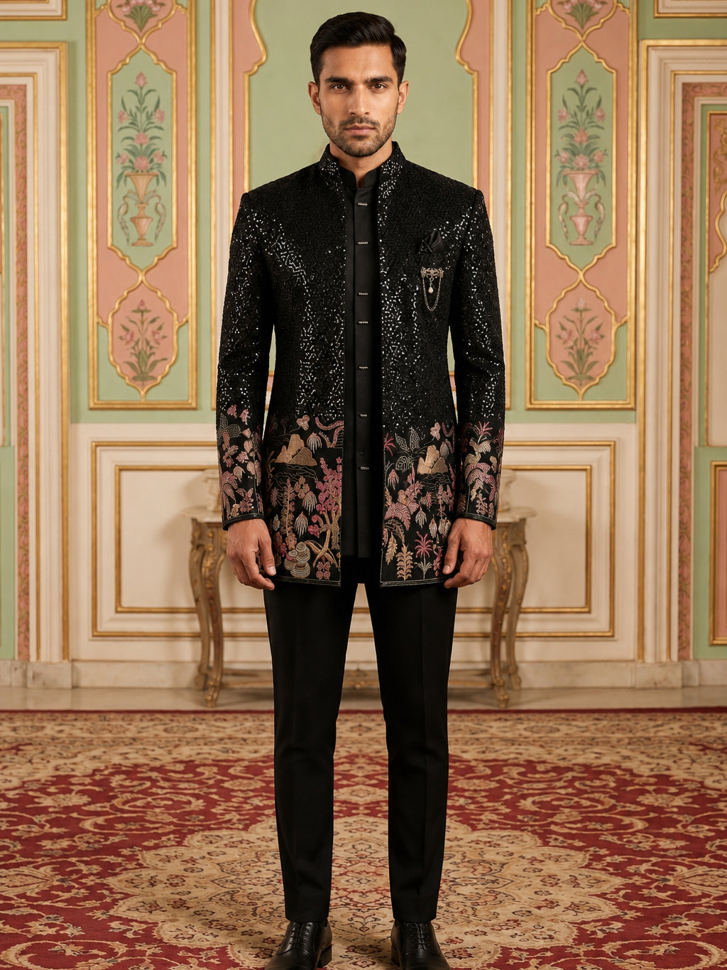 DesiQlo Men Embroidered Indo Western Set - Black - 50JIND_203Black_S