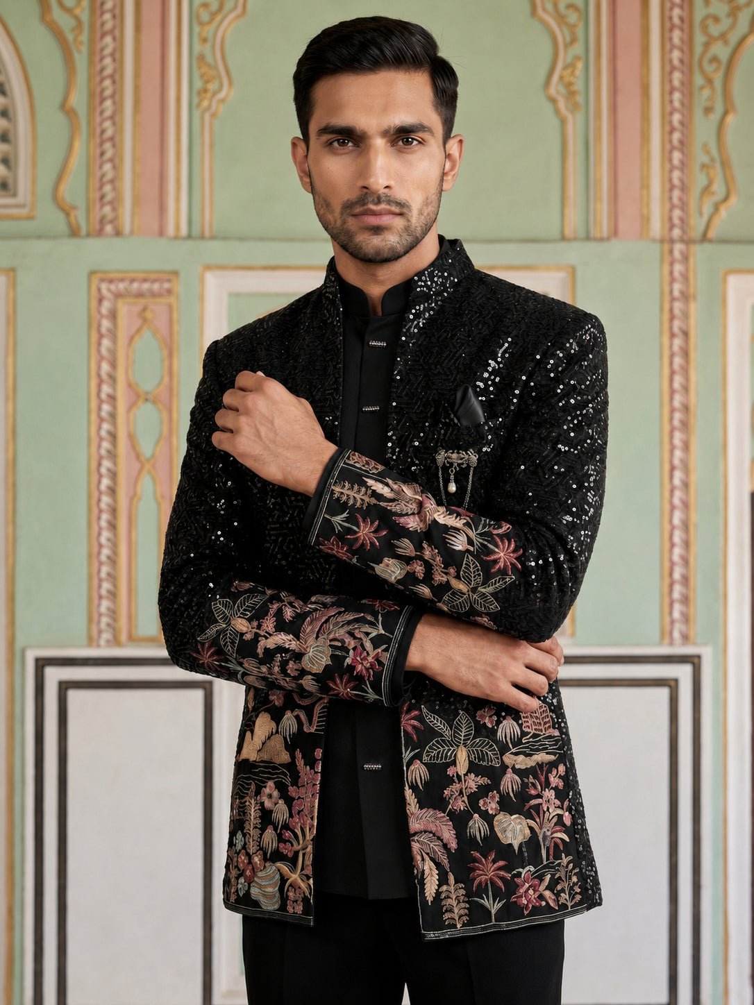 DesiQlo Men Embroidered Indo Western Set - Black - 50JIND_203Black_S