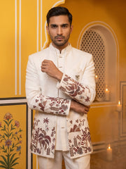 Men’s Velvet Embroidered Indo-Western Set ( 50JIND 203White )