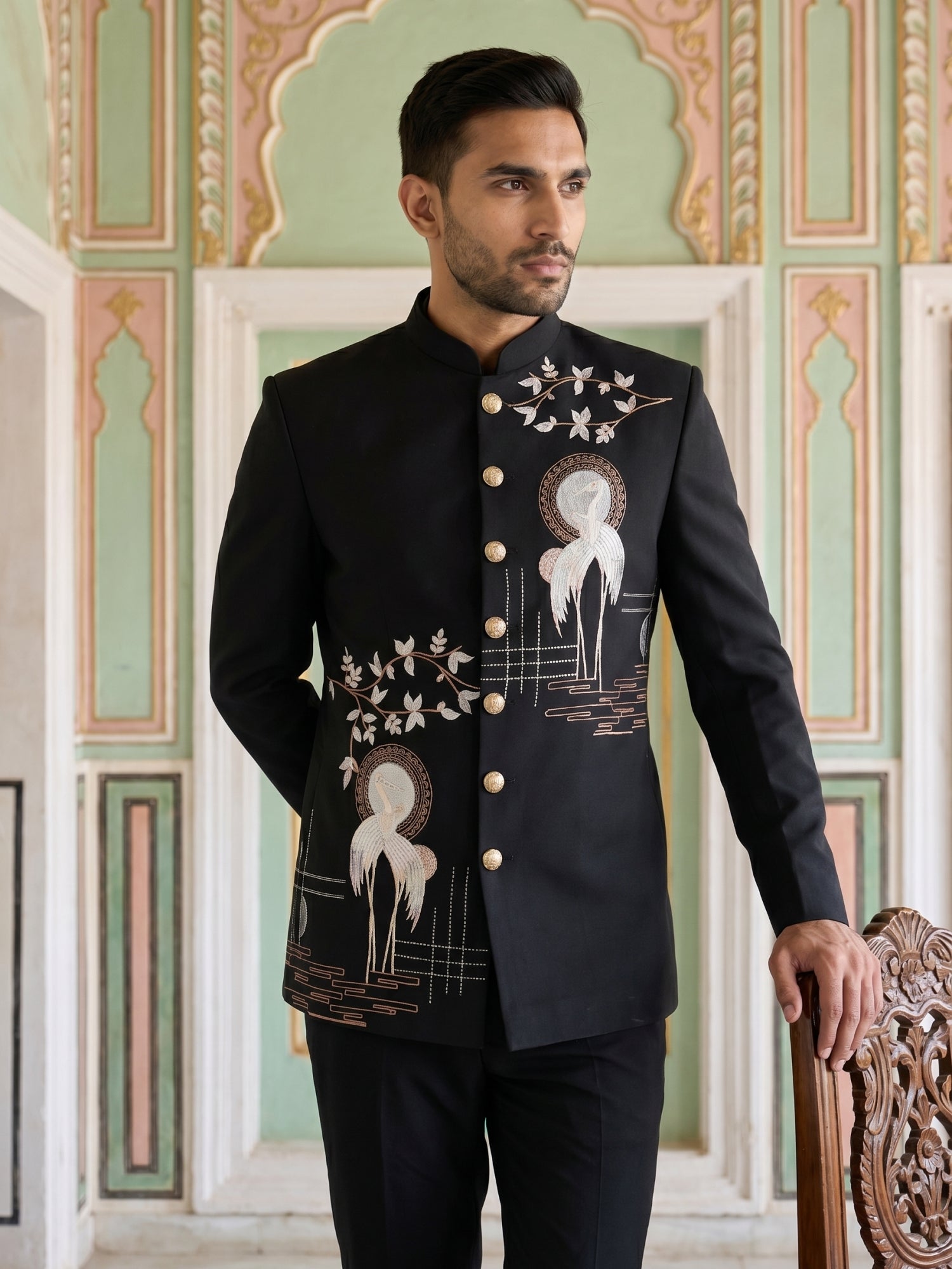 DesiQlo Men Embroidered Indo Western Set - Black - 50JIND_204Black_S