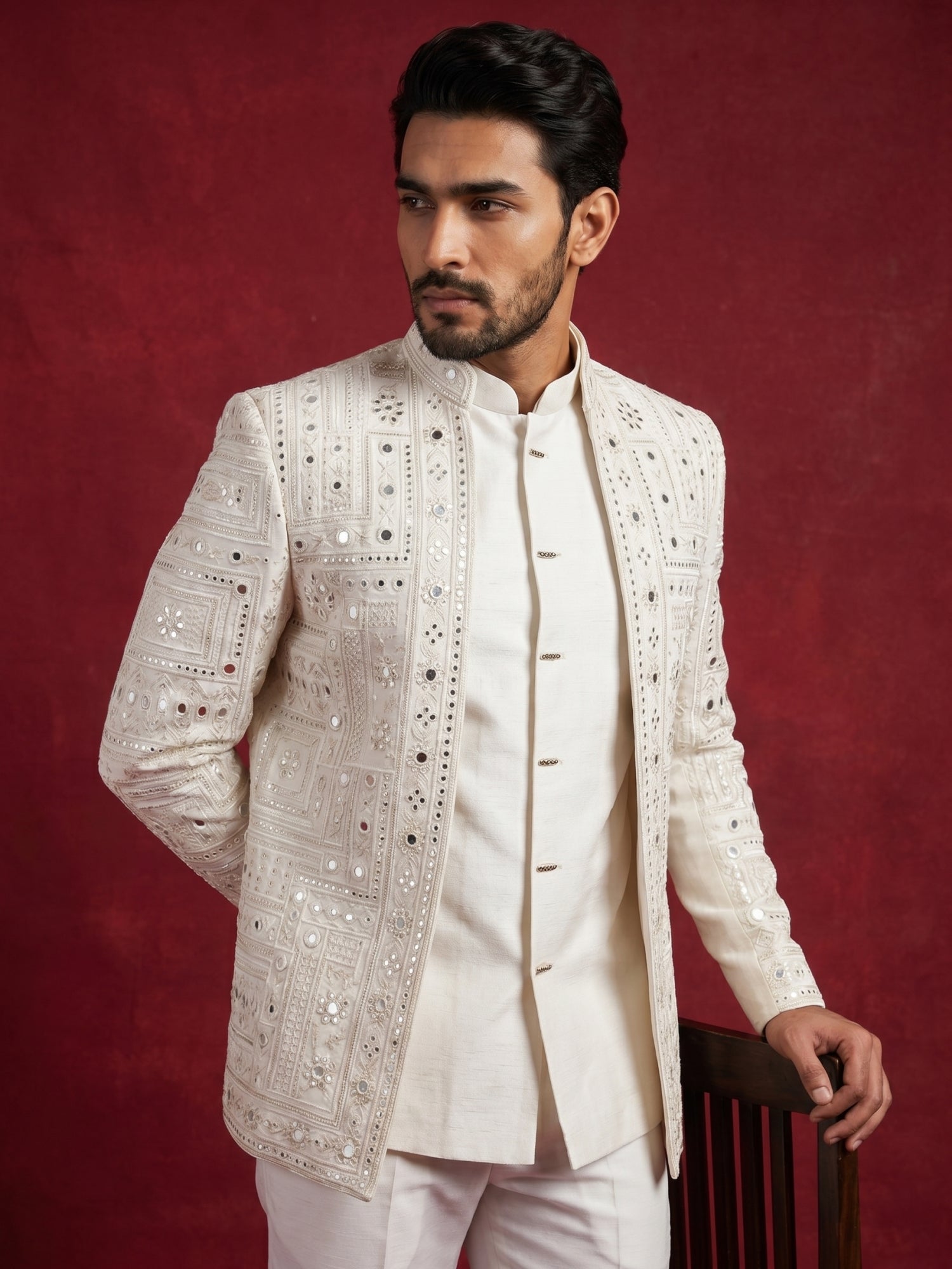 DesiQlo Men Embroidered Indo Western Set - White - 50JIND_205White_S