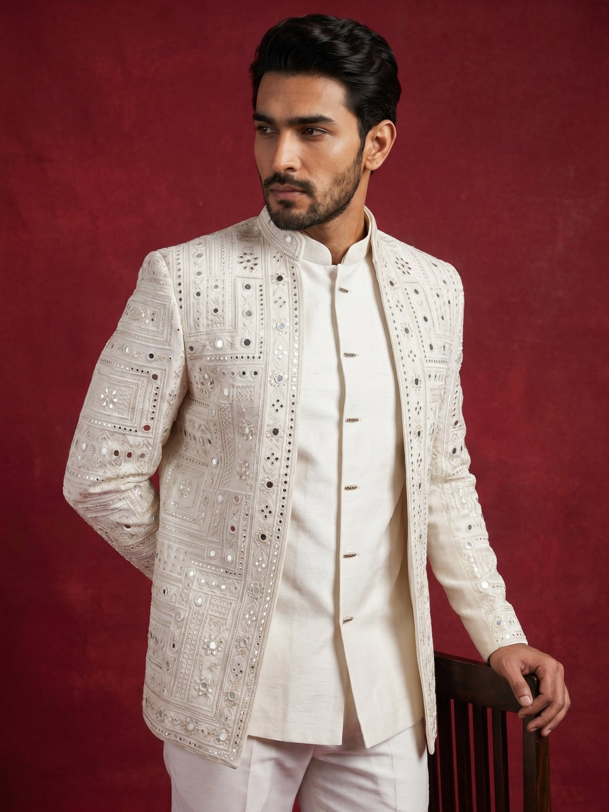 Men’s Mirror Work Embroidered Indo-Western Set ( 50JIND 205White )