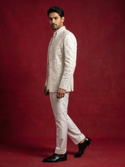 Men’s Mirror Work Embroidered Indo-Western Set ( 50JIND 205White )