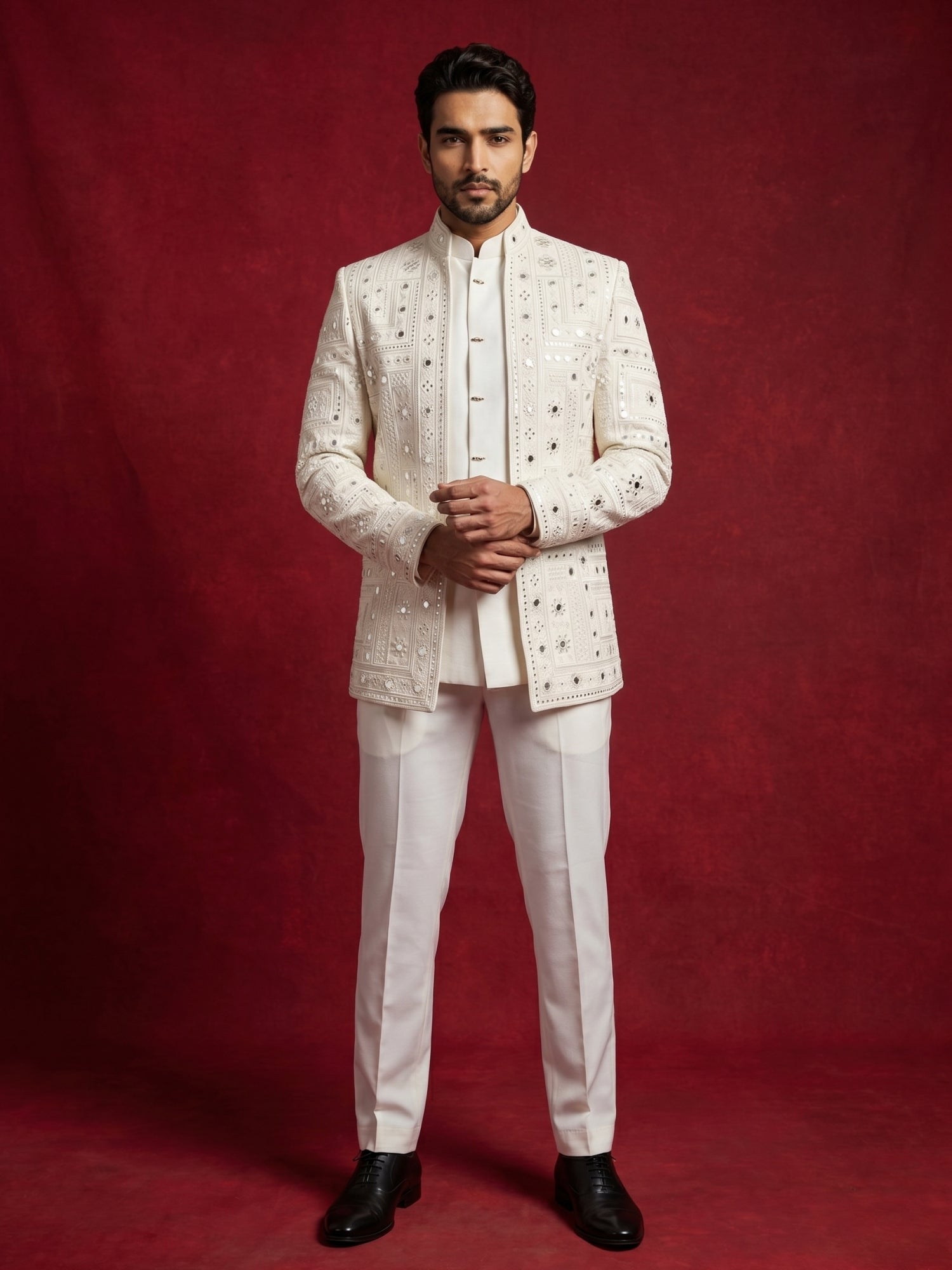 DesiQlo Men Embroidered Indo Western Set - White - 50JIND_205White_S