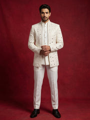 Men’s Mirror Work Embroidered Indo-Western Set ( 50JIND 205White )