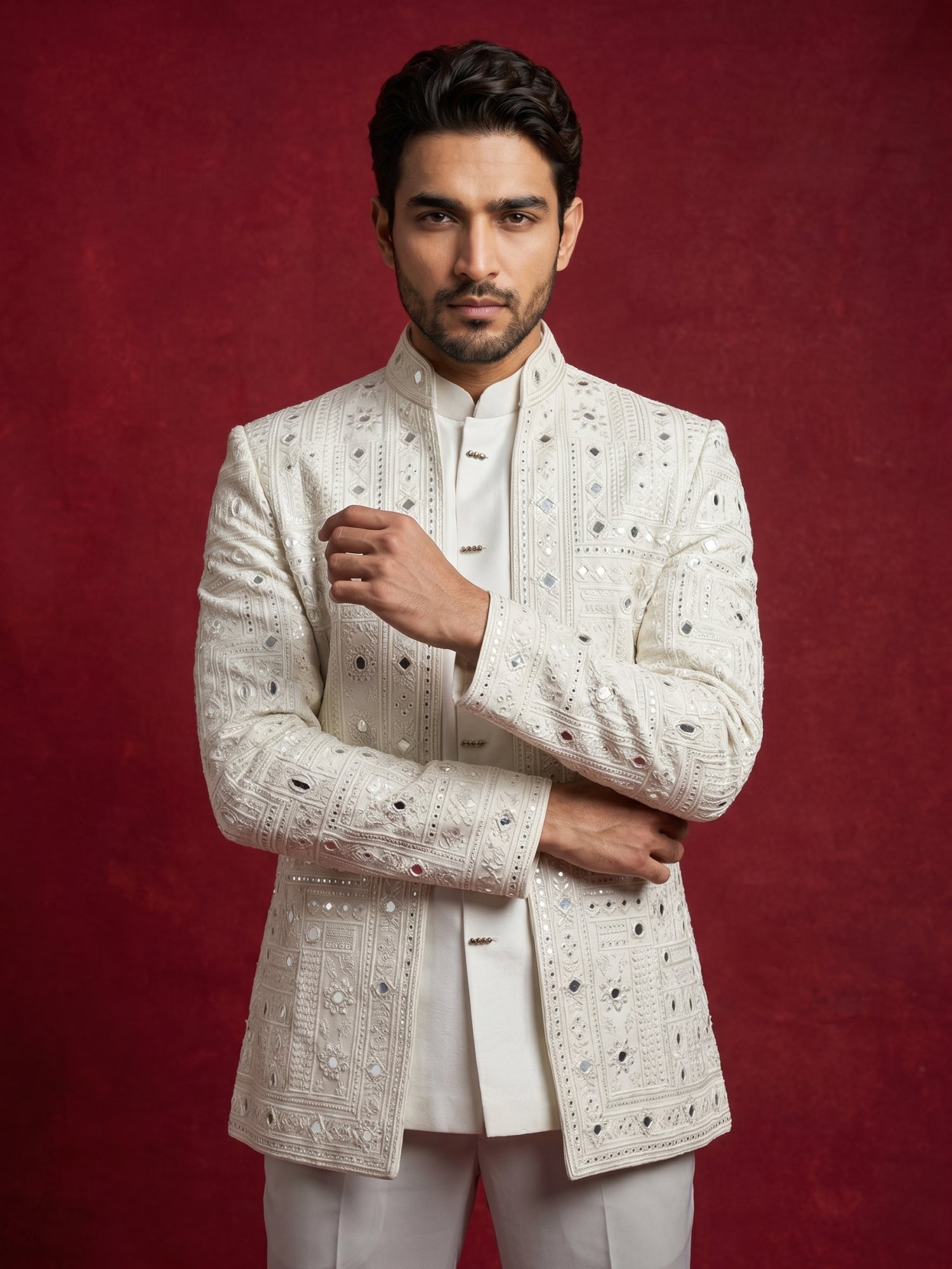 DesiQlo Men Embroidered Indo Western Set - White - 50JIND_205White_S
