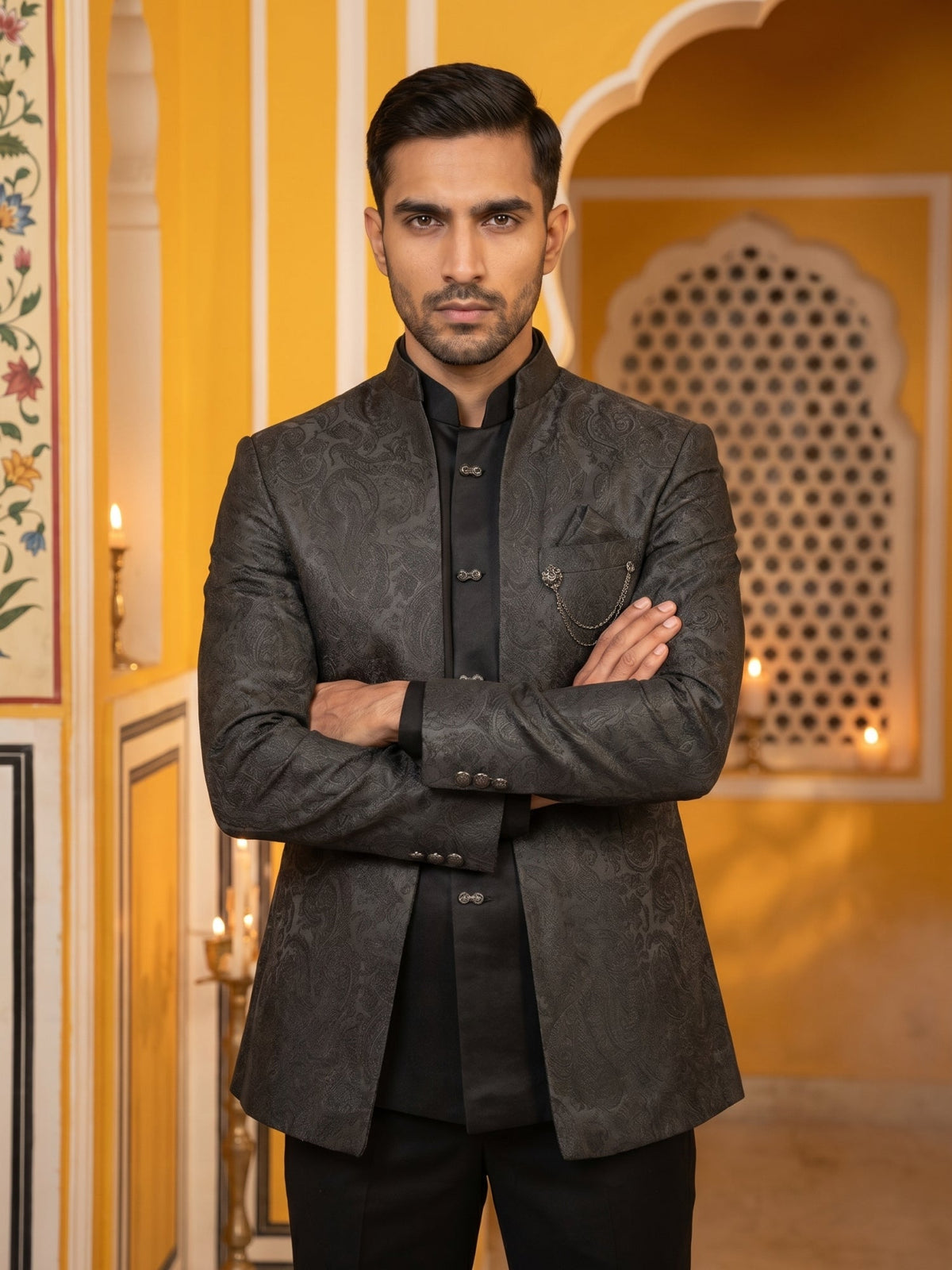 Premium Cotton Blend Woven Design Indo-Western Set ( 50JIND 206Black )