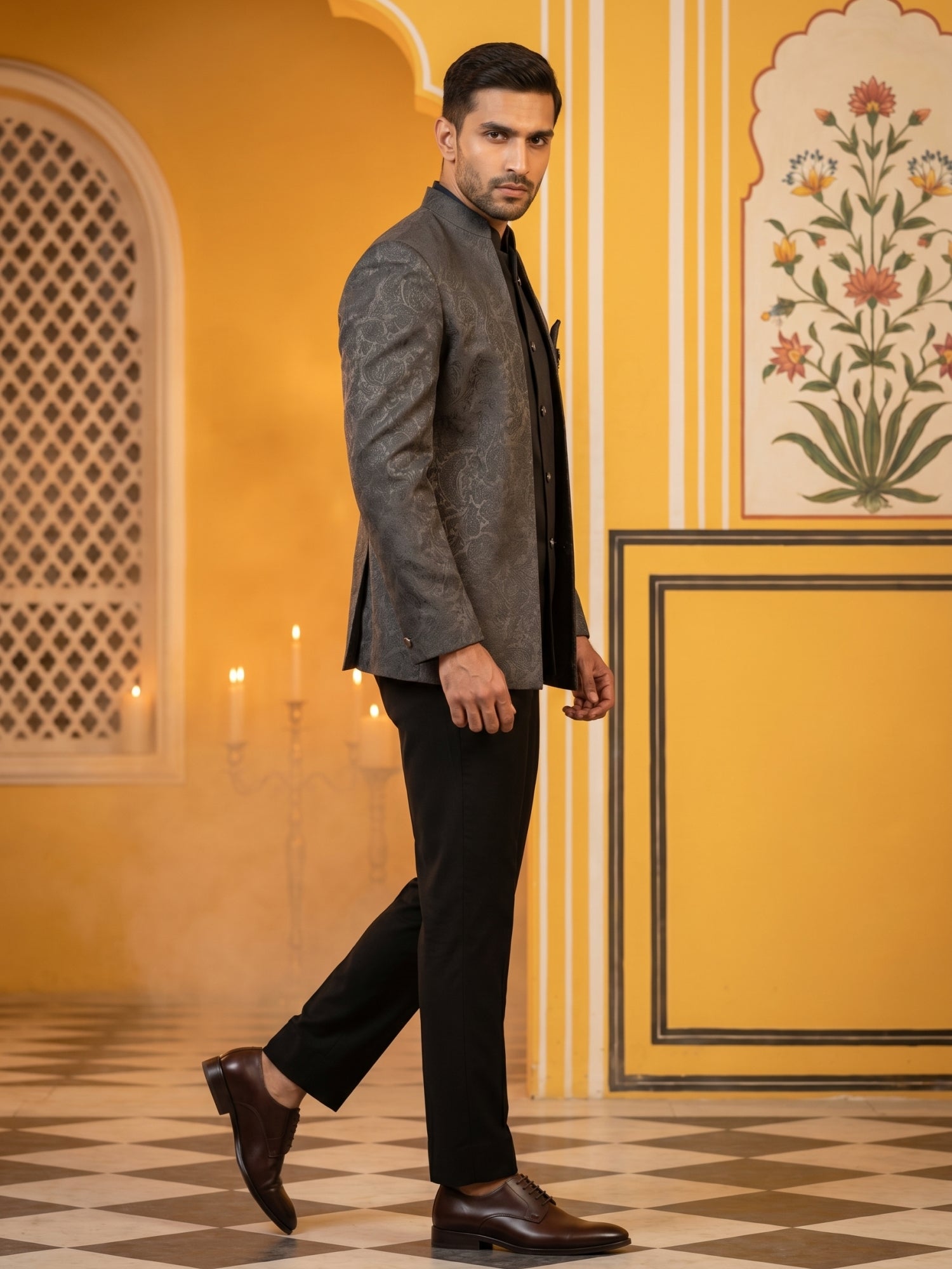 DesiQlo Men Self Design Indo Western Set - Black