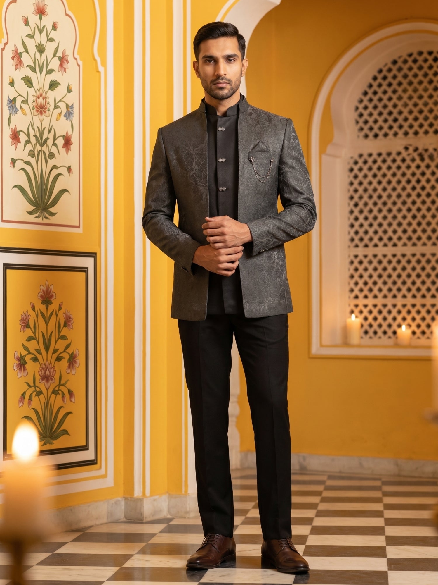 DesiQlo Men Self Design Indo Western Set - Black