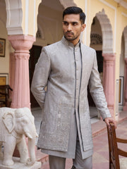 Premium Silk Blend Embroidered Indo-Western Set for Men ( 50JIND 207Silver )