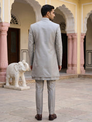 Premium Silk Blend Embroidered Indo-Western Set for Men ( 50JIND 207Silver )