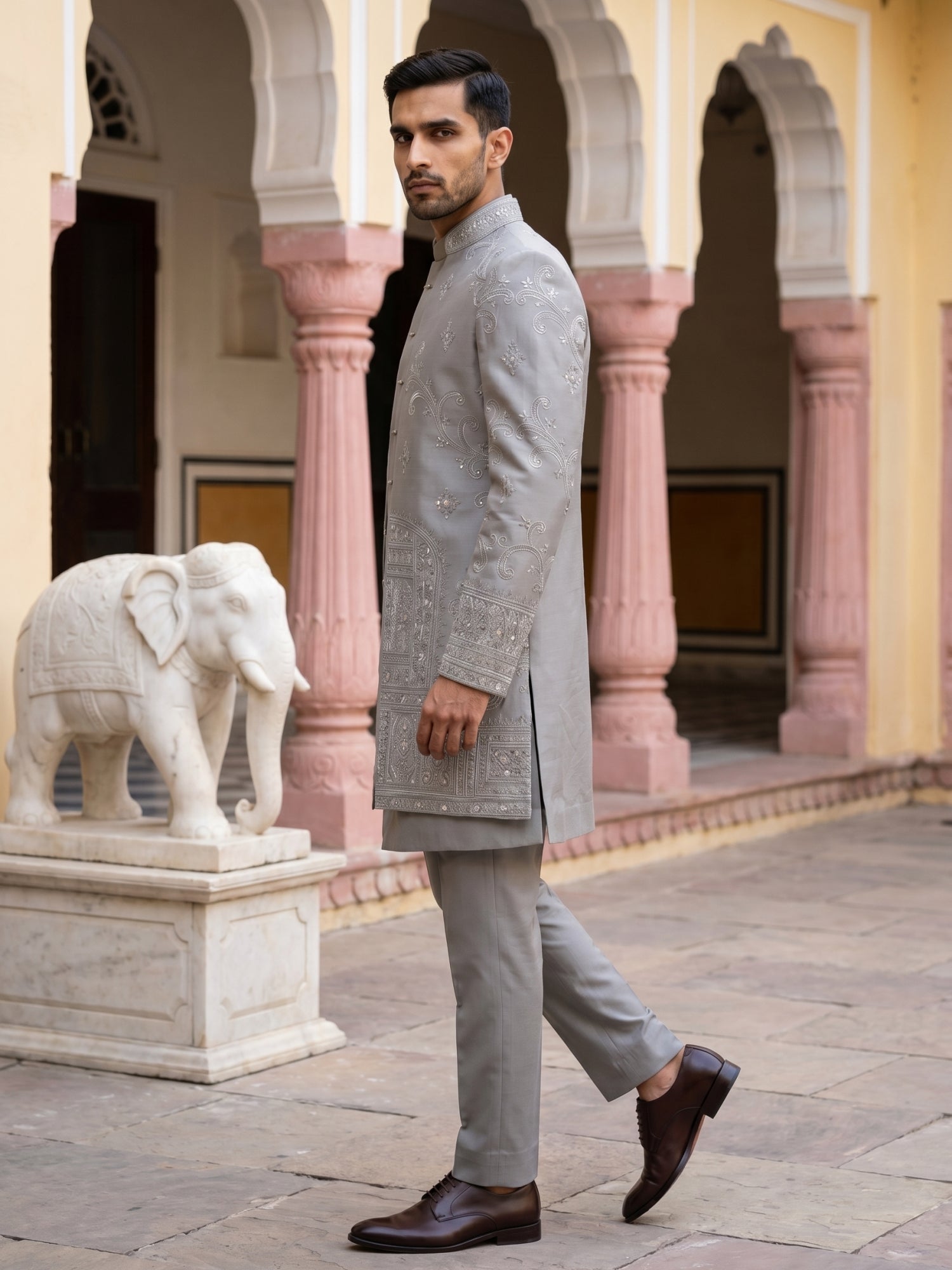 DesiQlo Men Embroidered Indo Western Set - Silver