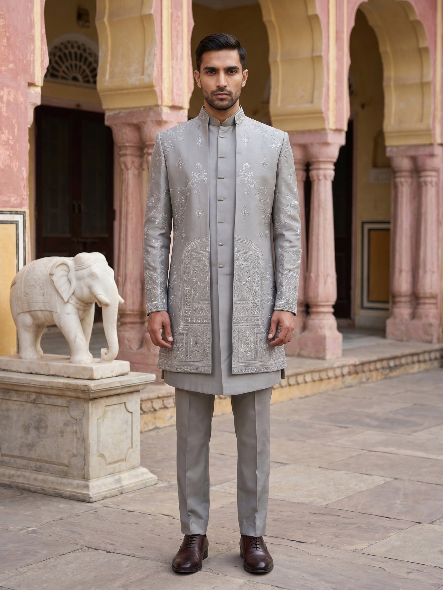 DesiQlo Men Embroidered Indo Western Set - Silver