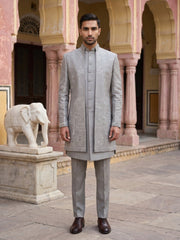 Premium Silk Blend Embroidered Indo-Western Set for Men ( 50JIND 207Silver )